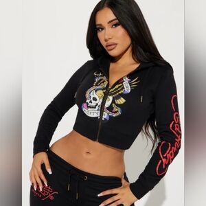 Ed Hardy Crop Zip Up Hoodie Sweatshirt Y2k 90s Early 2000s Tattoo Athleisure